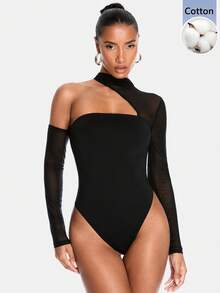 SHEIN BAE 女款單肩露肩長袖純色連身衣 - 黑色 - 查看 1