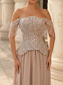 Glamrae Elegant Luxurious Noble Sophisticated Apricot Sequin Patchwork Chiffon Strapless Low Waist 2 In 1 Extra Large Skirt Adjustable Tie Heavy Work Evening Gown Suitable For All Formal Occasions - Champagne - View 3