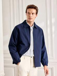 Officeau Jaket Kerja Pria Warna Biru Tua Klasik Ringan dengan Resleting Penuh dan Kerah, Cocok untuk Acara Bisnis/Kantor Formal, Hadiah untuk Ayah/Suami - Navy Blue - View 6