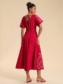 Travachic Women's Elegant Bohemian V-Neck Embroidered Tie-Waist Vacation Dress ,Autumn - Red - View 2