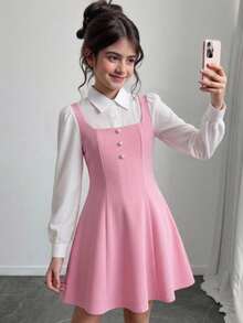 SHEIN Tween Girls White Soft Pink Colorblock Long Sleeve Dress With Pearl Button Decoration, Princess Style Cute Preppy School Back-To-School Autumn - Pink - View 1