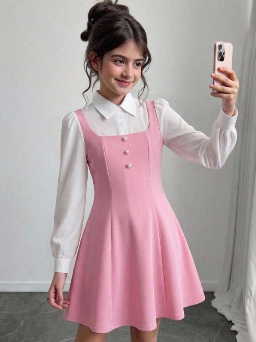 SHEIN Tween Girls White Soft Pink Colorblock Long Sleeve Dress With Pearl Button Decoration, Princess Style Cute Preppy School Back-To-School Autumn - Pink - View 1