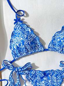 SHEIN Swim 2件組女款開衩比基尼泳衣沙灘裝，適合海灘與泳池派對，夏季性感可愛休閒成熟時尚優雅，白藍花卉圖案 - 藍色 - 查看 3