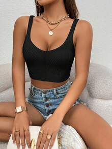 SHEIN Essnce Top de punto corto de unicolor casual de verano - Negro - Ver 5