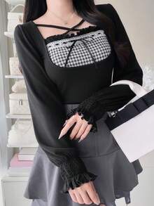FRIFUL Camiseta para mujer de estilo coreano nuevo de principios de otoño con cuello de lazo, decoración de lazo, patchwork a cuadros y puños, top lindo - Negro - Ver 7