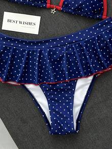 Swim Mod 女款夏季海灘極簡優雅浪漫休閒度假性感甜美可愛時尚泳衣套裝，日藍白星星印花配紅色滾邊，掛脖比基尼三角上衣，下身 2 合 1 荷葉邊迷你裙附金屬星星吊飾，適合海灘度假村、蜜月旅行與音樂節 - 彩色 - 查看 6