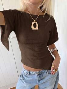 Lumalex Women's Knitted Textured Asymmetrical Waist T-Shirt - Brown - View 9