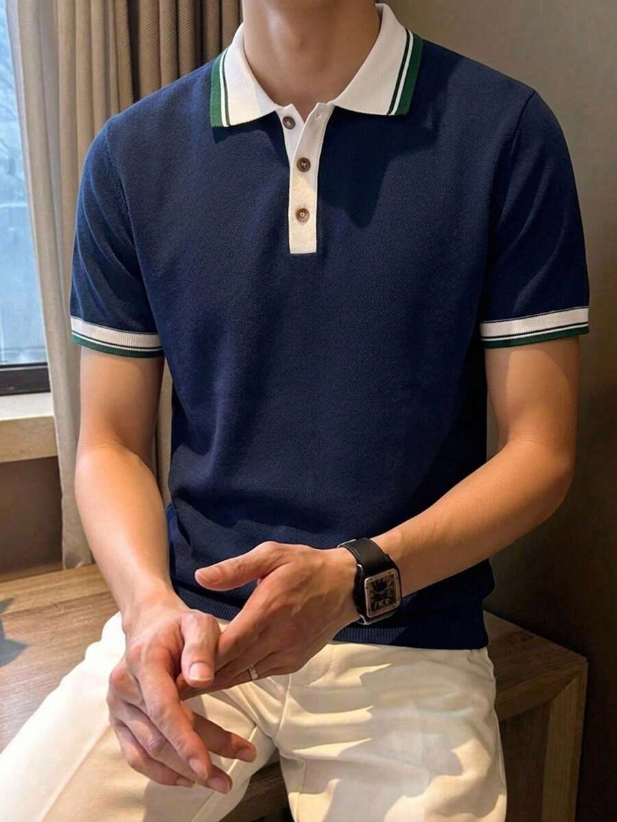 Manfinity Homme 男士休闲撞色滚边 Polo 领短袖针织衫,夏季 - 藏蓝色 - 查看 1