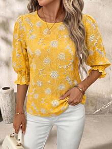 SHEIN Clasi Round Neck Shirred Romantic Boho Daisy Embroidered Top Vacation Pastel Yellow Summer - Yellow - View 5