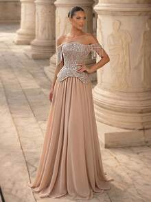 Glamrae Elegant Luxurious Noble Sophisticated Apricot Sequin Patchwork Chiffon Strapless Low Waist 2 In 1 Extra Large Skirt Adjustable Tie Heavy Work Evening Gown Suitable For All Formal Occasions - Champagne - View 2