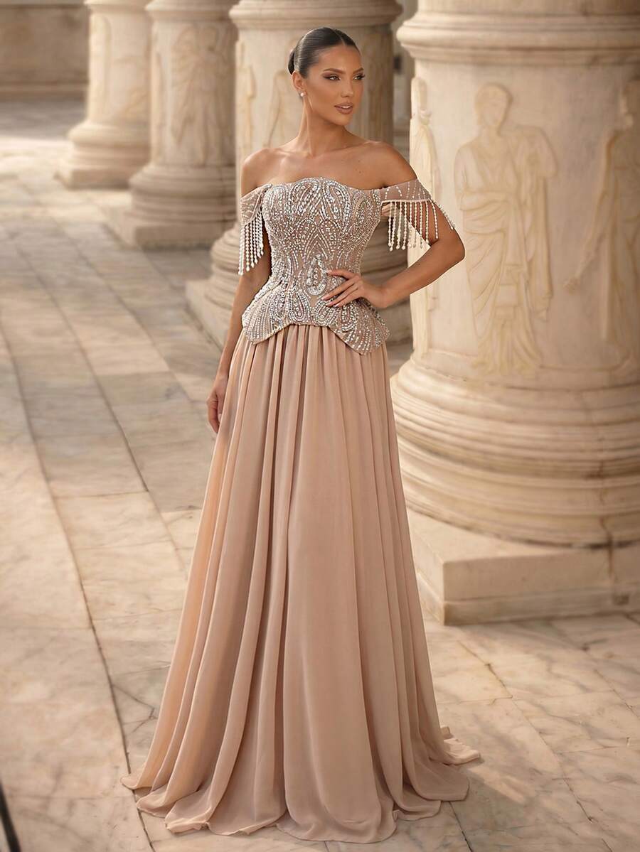 Glamrae Elegant Luxurious Noble Sophisticated Apricot Sequin Patchwork Chiffon Strapless Low Waist 2 In 1 Extra Large Skirt Adjustable Tie Heavy Work Evening Gown Suitable For All Formal Occasions