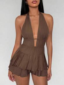 TRNVIE Women's Sexy Tropical Halter Neck Deep V Summer Jumpsuit Party Beach Vacation Night Out Coffee Brown - Khaki - View 3
