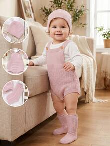 SHEIN Newborn Baby Girls' Pink Knit Romper, Socks & Hat 3-Piece Set, Solid Color & Versatile, Perfect For Daily Wear In Spring, Autumn, And Winter - Pink - View 8