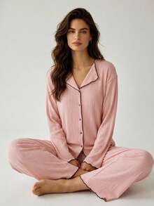 DAZY Set Piyama Musim Panas Wanita dengan Atasan dan Celana Berhiaskan Trim Kontras - Biru - View 4