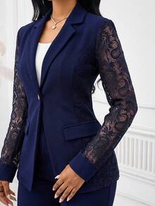 SHEIN Lady 四季海軍藍女式西裝套裝 蕾絲拼接套裝 夏季商務辦公 典雅休閒 - 藏蓝色 - 查看 8