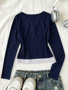 SHEIN Fashion Cute Casual Girl Polka Dot Print Patchwork Bow Decor Long Sleeve Top, Navy Blue, Spring Autumn Birthday Prom - Navy Blue - View 2