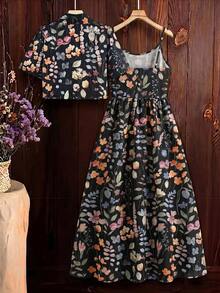 SHEIN Clasi 女款印花洋裝與襯衫兩件套 - 黑色 - 查看 2