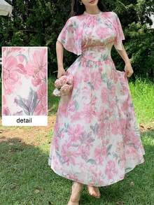 Modelyn 粉色雪紡花卉印花優雅夏季度假女款中長洋裝 - 粉色 - 查看 4