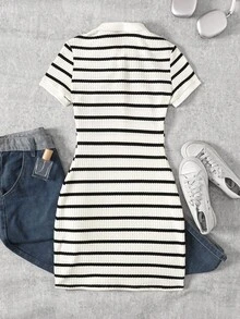 SHEIN 青少年女孩休閒復古學院風領口黑白條紋修身洋裝，返校穿搭 - 黑與白 - 查看 5