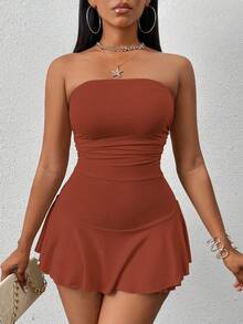 VaVaBold Women's Summer Solid Color Ruched Ruched Hem Jumpsuit - Brown - View 3