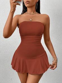 VaVaBold Women's Summer Solid Color Ruched Ruched Hem Jumpsuit - Brown - View 5