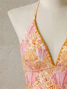 Swim Vcay 26SS Primavera/Verano Vacaciones Playa Floral Amarillo Color de Contraste Borde Diente de Perro Cuello Halter Una Pieza - Multicolor - Ver 7