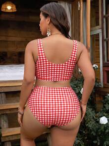 SHEIN Swim Curve 大尺碼女款黑白格紋兩件式時尚休閒度假泳衣套裝 - 紅白色 - 查看 2