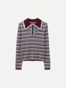 Nöista Top de punto con estructura de rayas de colores, cuello en color contrastante y detalles en color rosa alrededor, otoño para mujeres, vuelta al colegio - Verde - Ver 8