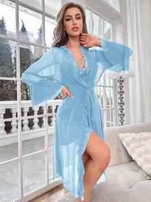 SHEIN طقم ملابس نوم نسائي كاجوال يومي للمنزل مكون من فستان بحمالات رفيعة مزين بالدانتيل وفيونكة مع كارديجان - أزرق فاتح اللون - مشاهدة 4
