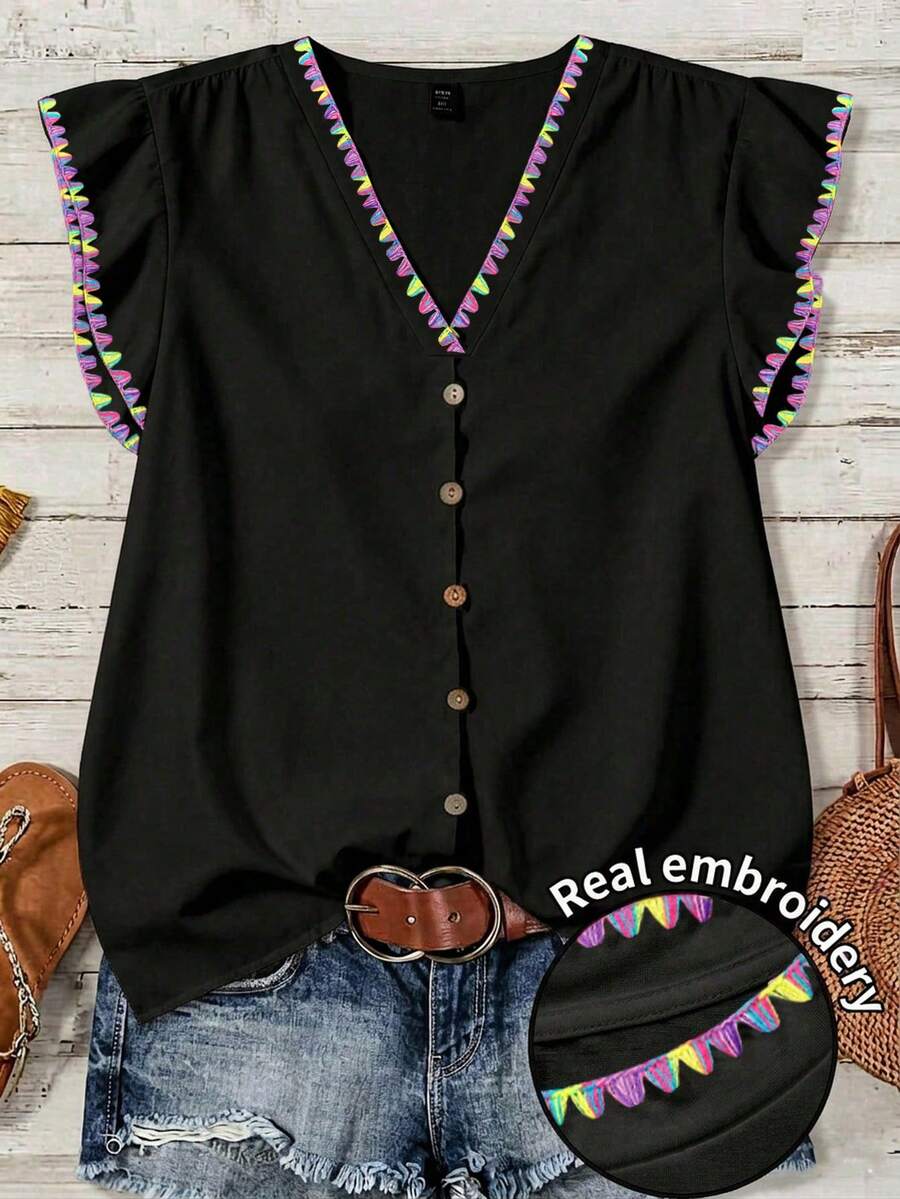 EMERY ROSE Camisa casual versátil de cuello en V con color de contraste para uso diario y salidas de mujer - Negro - Ver 1