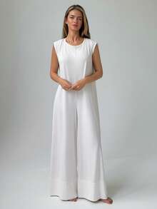 Livesso Women's Solid Color Casual Daily Home Wear Jumpsuit Wide Leg Pants Pajamas - White - View 2