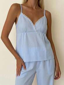 DAZY 2pcs Lace Patchwork Sleeveless Camisole Loose Short Pajama Pants Set, Summer Women's Sleepwear - Blue and White - View 8