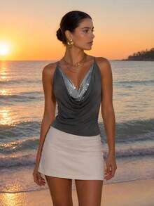 Anewsta Dark Grey Turtleneck Sequin Spaghetti Strap Backless Fitted Camisole Party Night Summer Sexy - Grey - View 10