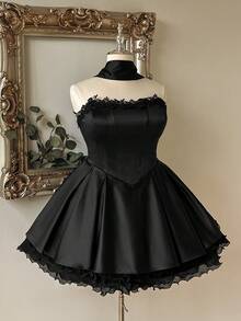 Lovelzi Luxury Plus Size Lace Trim Ruched Elegant Waist-Cinched Halter Neck Ball Gown Dress Party Cocktail Wedding Homecoming Wedding Black Spring - Black - View 1