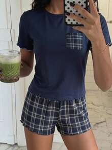 SHEIN 兒童青少年女童睡衣2件組，簡約純色T恤 & 格紋印花短褲，舒適休閒居家睡衣與居家服 - 藏蓝色 - 查看 2