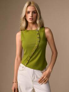 CielaLinda Women's Sleeveless Asymmetric Button Top, Minimalist Chic Tank Top - Green - View 3