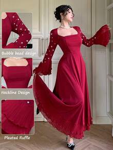 Modelyn Women's Elegant Long Sleeve Square Neck Dress, Rhinestone Embellished Waist-Flattering Slimming Hemline With Ruched Multi-Layer Ruffle Hem, Elegant Long Dress - Burgundy - View 8