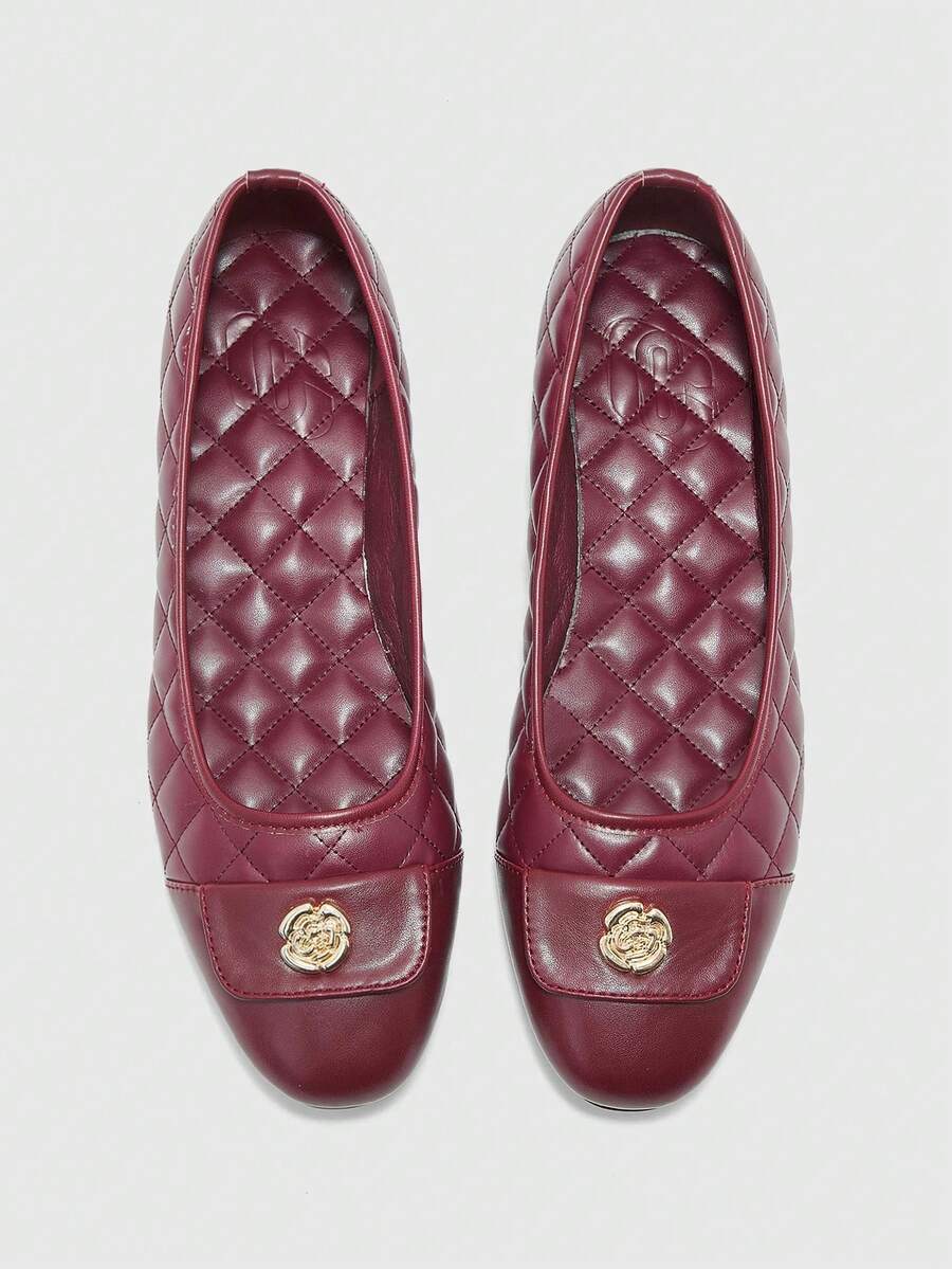 CUCCOO BIZCHIC Women's Shoes, Metal Square Toe Flats, Ballet Shoes, Retro Burgundy Low Vamp Shoes, Daily Commute To Work, Shopping, Dating, Leisure - Burgundy - View 1