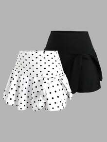 SHEIN Girlism 2件組青少年女孩防走光休閒短褲內搭褲，黑白波點印花裙褲套裝，女童網球裙套裝，女孩短裙組合包，黑白裙子 2 入裝，兒童裙褲套裝 - 黑與白 - 查看 7