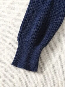 SHEIN 兒童青少年女孩秋冬新款休閒日常蝴蝶結刺繡針織露肩毛衣，學院風，返校季，寶藍色上衣 - 寶藍色 - 查看 6