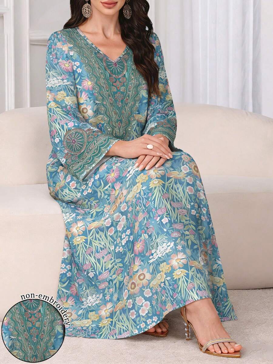 SHEIN Najma 女士梦幻花卉刺绣印花V领长袖优雅阿拉伯风格长款连衣裙,春夏款 - 彩色 - 查看 1