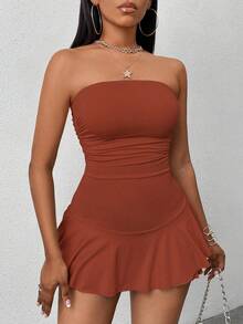 VaVaBold Women's Summer Solid Color Ruched Ruched Hem Jumpsuit - Brown - View 6
