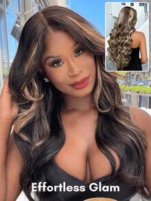 ALL READY WIG 13x4 Frontal Pre-Everything Lace Front Wig No Slip Frontal Ash Brown Blonde Highlights Loose Wave Drawstring Wig With Face Framing Layers Pre Bleached Pre Cut Pre Plucked 100% Human Hair Transparent Lace Beginner Friendly - S4/27 - View 3