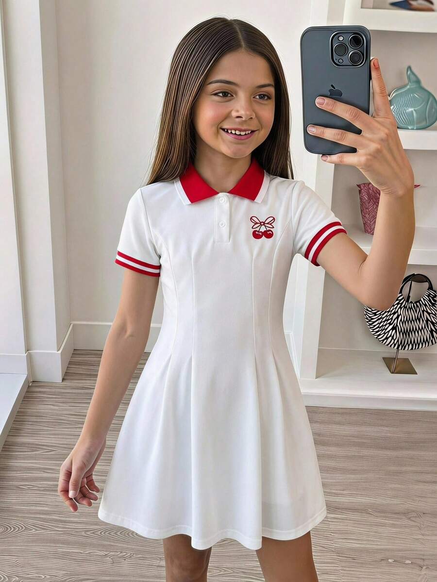 SHEIN Tween女孩白色女童服飾 8-12歲萬聖節套裝 秋季風格 美式秋季風格 - 紅白色 - 查看 1