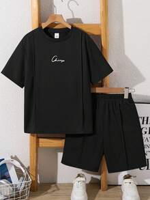 SHEIN 2pcs/Set Kids Tween Boy Casual Letter Print Pattern Round Neck Short Sleeve Top And Shorts Outfit - Black - View 4