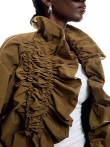 LYSMO Women's Solid Color Long Sleeve Ruffle Drawstring Design Regular Jacket Office Wear For Women Going Out Outfits - Khaki - View 7