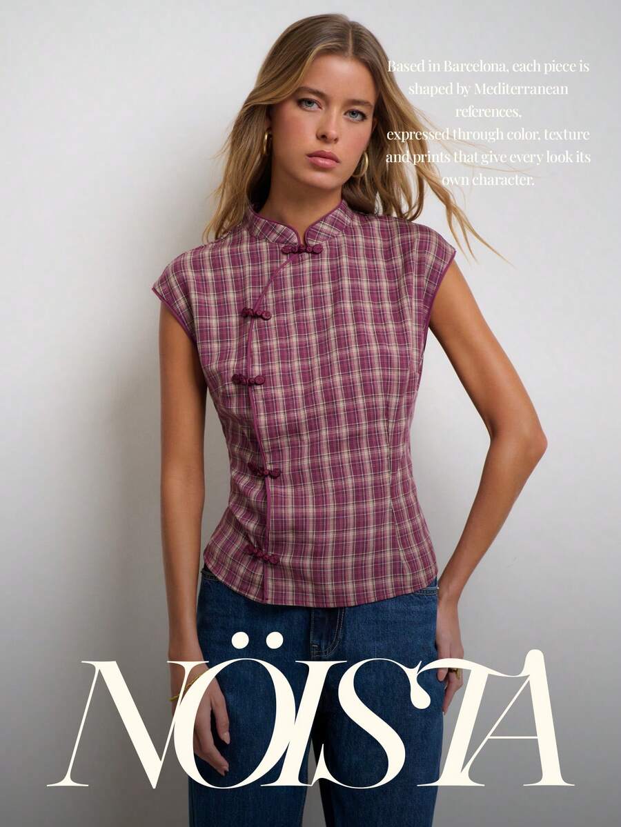 Nöista 格子立領上衣,盤扣設計,適合夏季度假與休閒穿搭,復古優雅時尚風格,適合早午餐、茶會,酒紅色 - 紫色 - 查看 1