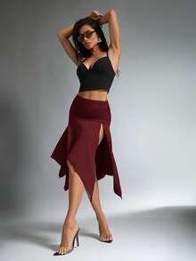 Denimoi High Slit Asymmetrical Skirt Vacation Outfits European Summer Ibiza Sexy Skirts - Burgundy - View 5