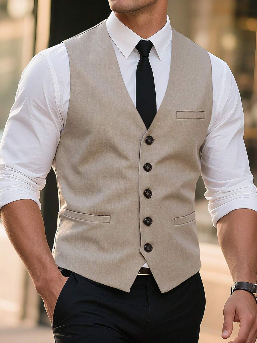 Manfinity Homme Plus Size Men's Solid Color Single-Breasted Business Suit Vest - Khaki - View 1