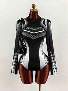 Amplova Damen Motorrad Schulanfang Saison figurbetonter Langarm Mini Bodysuit - Schwarz und Weiss - Übersicht 4